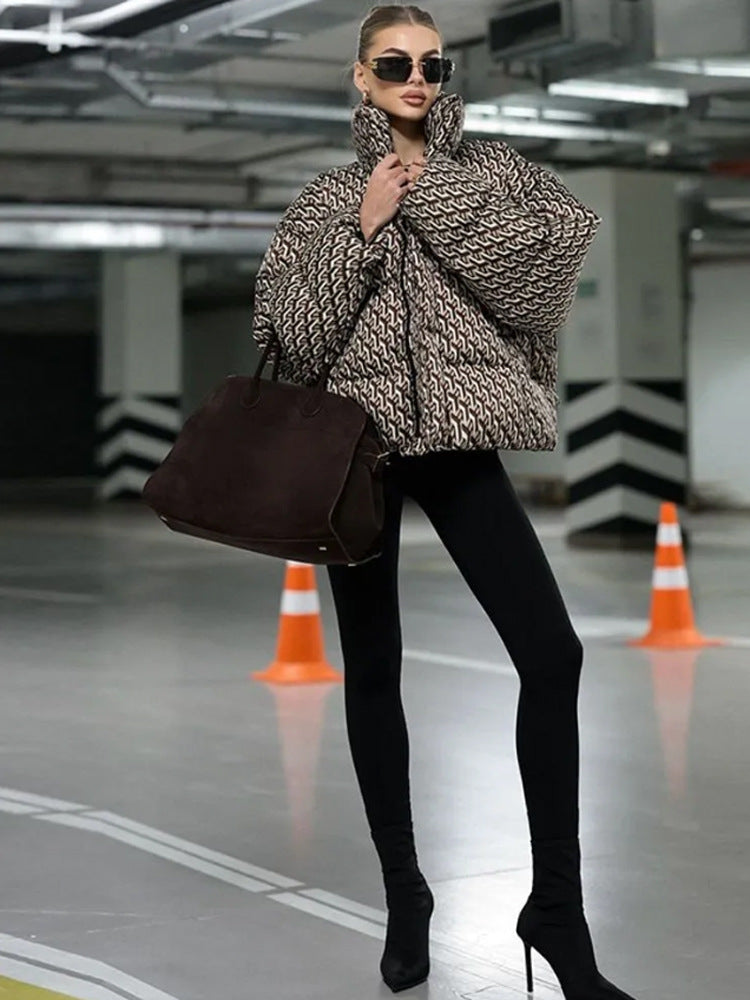 Women Short Quilted Oversized Quilted Jacket with High Shawl Collar EVA-US