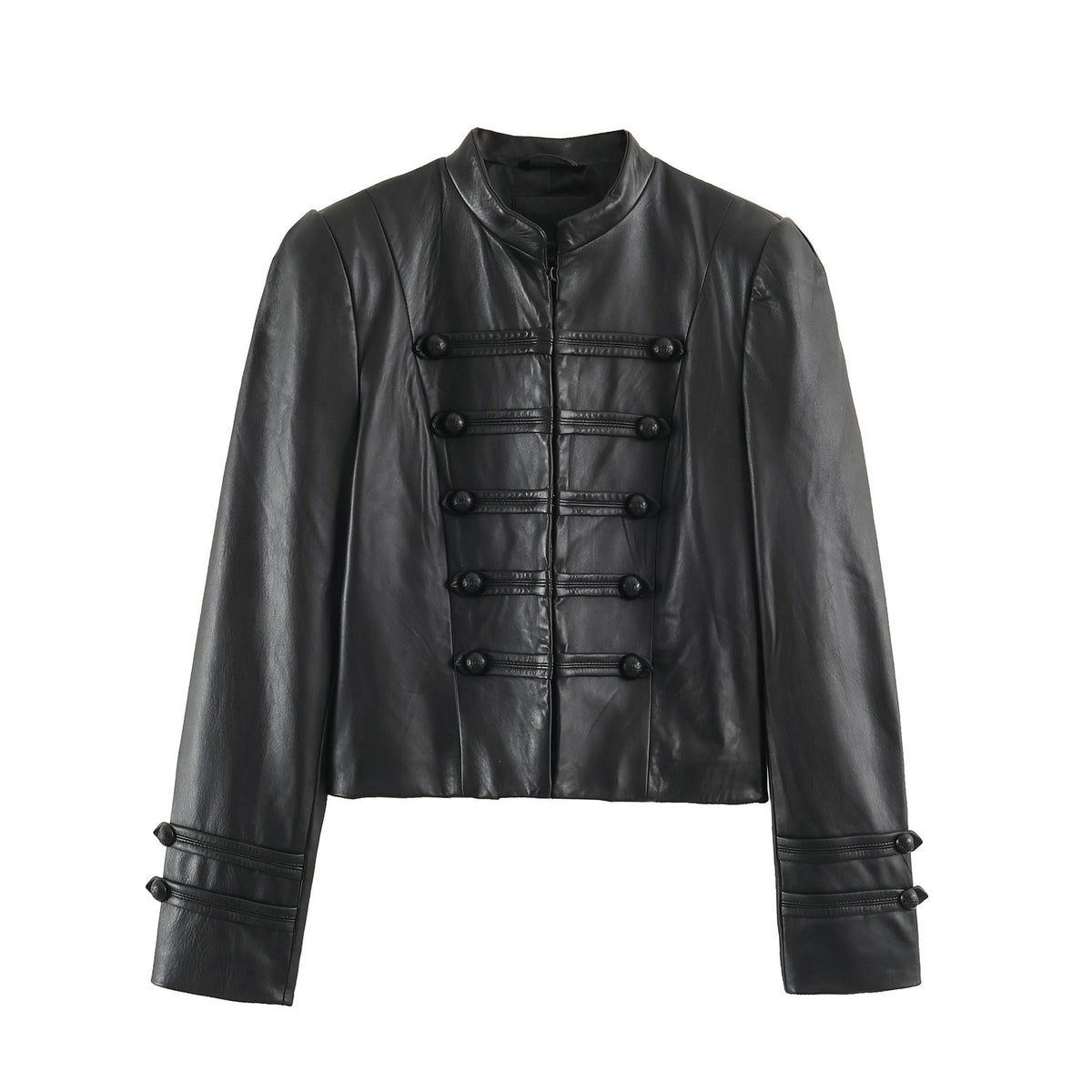 Women tailored military-inspired leather jacket with stand-up collar, decorative strap and button placket EVA-US