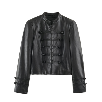 Women tailored military-inspired leather jacket with stand-up collar, decorative strap and button placket EVA-US