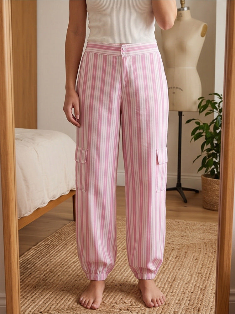 Women's Striped Cargo Lounge Pants with High Waist, Elastic Ankle Cuffs and Flap Pockets EVA-US