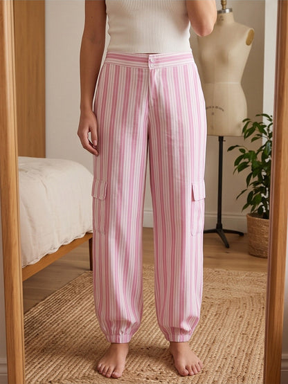 Women's Striped Cargo Lounge Pants with High Waist, Elastic Ankle Cuffs and Flap Pockets EVA-US