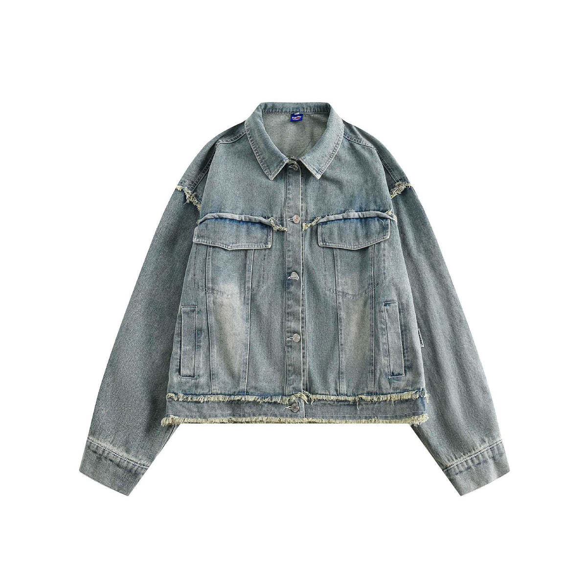 Unisex Oversize Denim Jacket with Fringe Finishes and Utility Pockets EVA-US