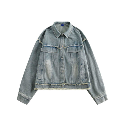 Unisex Oversize Denim Jacket with Fringe Finishes and Utility Pockets EVA-US