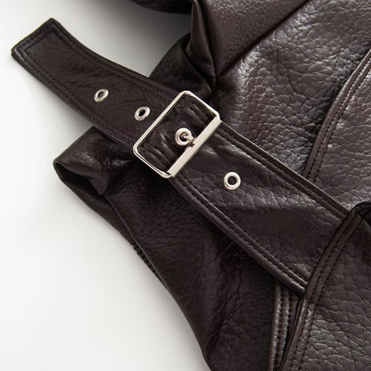 Women's Short Cut Wrap Jacket made of Leather Look with Large Shawl Collar and Waist Belt EVA-US