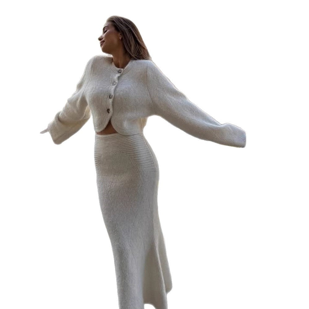Women Two-Piece Knit Set with Cropped Cardigan and Maxi Skirt EVA-US