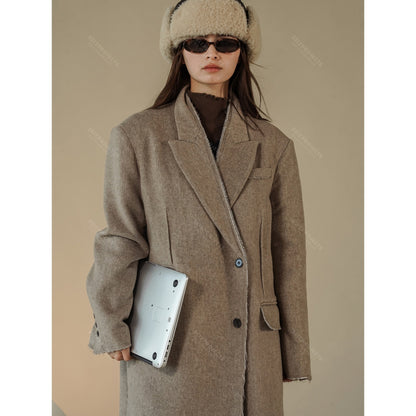 Women Boxy Long Coat made of Wool Blend with Frayed Edges and Double-Breasted EVA-US
