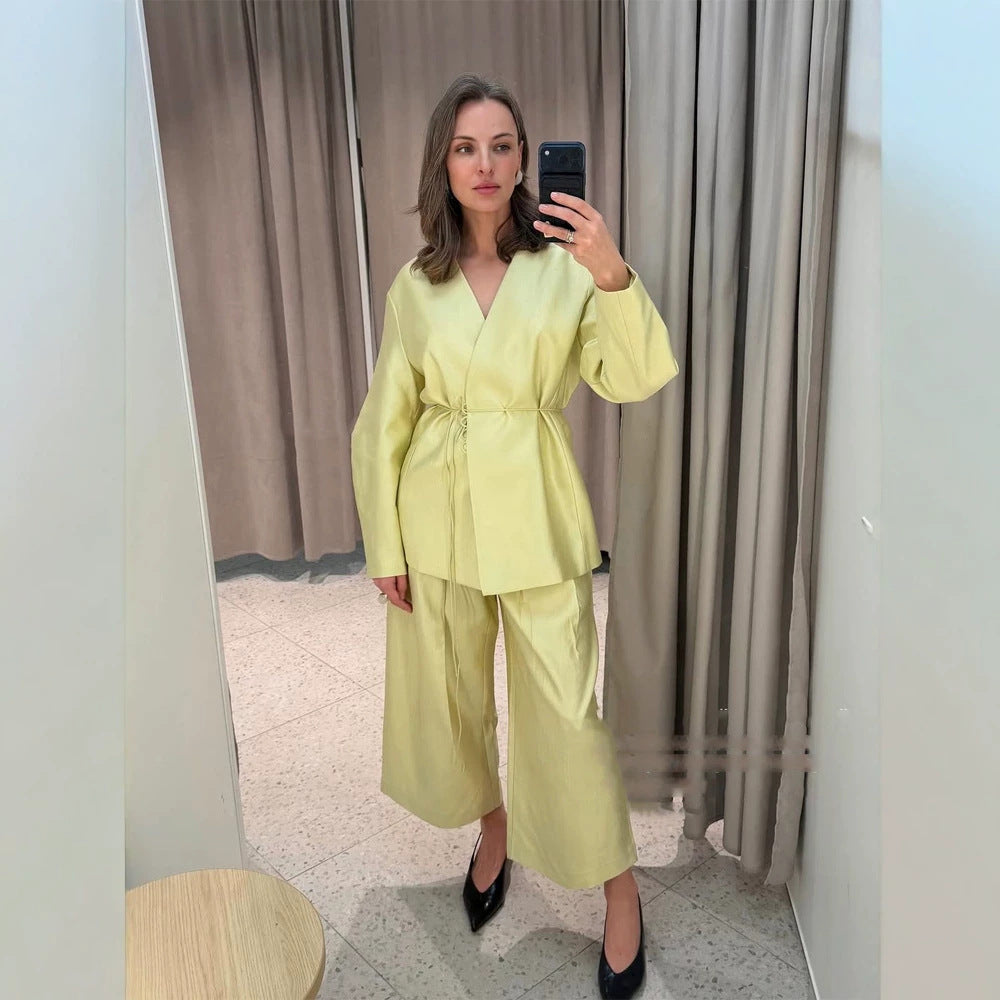 Women's wrap blazer with drawstring and wide culotte pants two-piece EVA-US