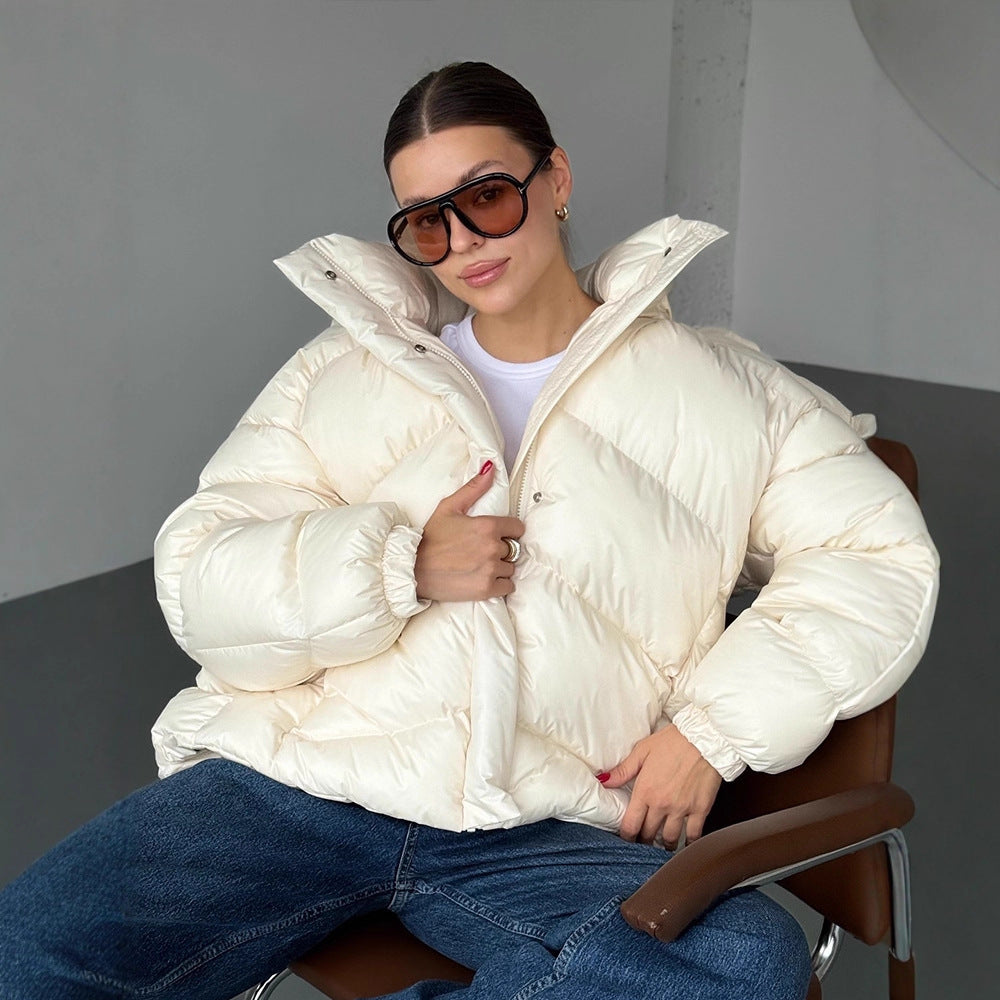Ladies short puffer jacket with thermal filling, oversized hood & concealed two-way zipper EVA-US