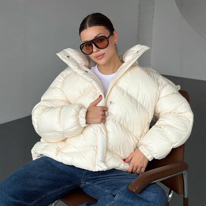 Ladies short puffer jacket with thermal filling, oversized hood & concealed two-way zipper EVA-US
