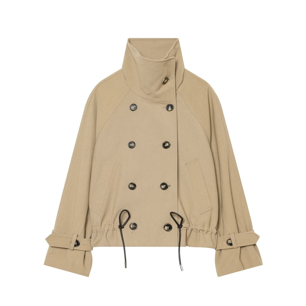 Women Cropped Trench Coat with High Funnel Collar, Raglan Sleeves and Drawstring Waistband EVA-US