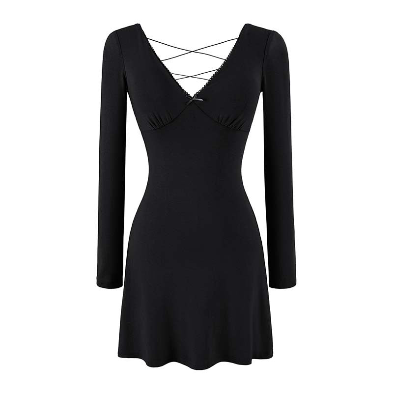 Ladies form-fitting mini dress with a deep V-neckline, gathered bust, and crossed back straps EVA-US