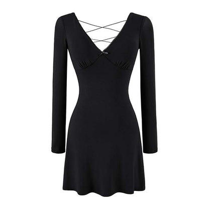 Ladies form-fitting mini dress with a deep V-neckline, gathered bust, and crossed back straps EVA-US