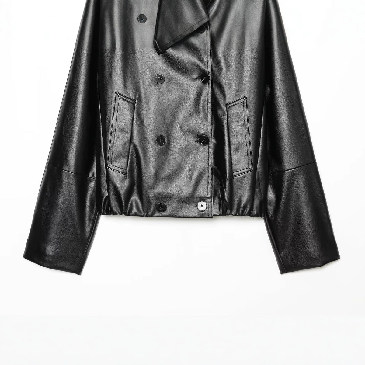 Women's Cropped Faux Leather Jacket with Wide Funnel Collar and Double-Breasted Button Placket EVA-US