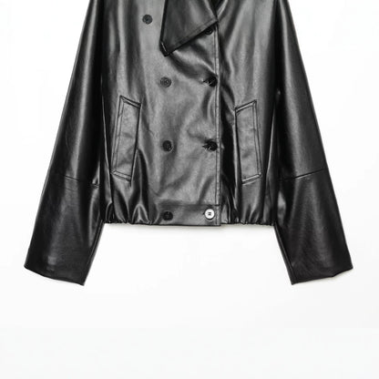 Women's Cropped Faux Leather Jacket with Wide Funnel Collar and Double-Breasted Button Placket EVA-US