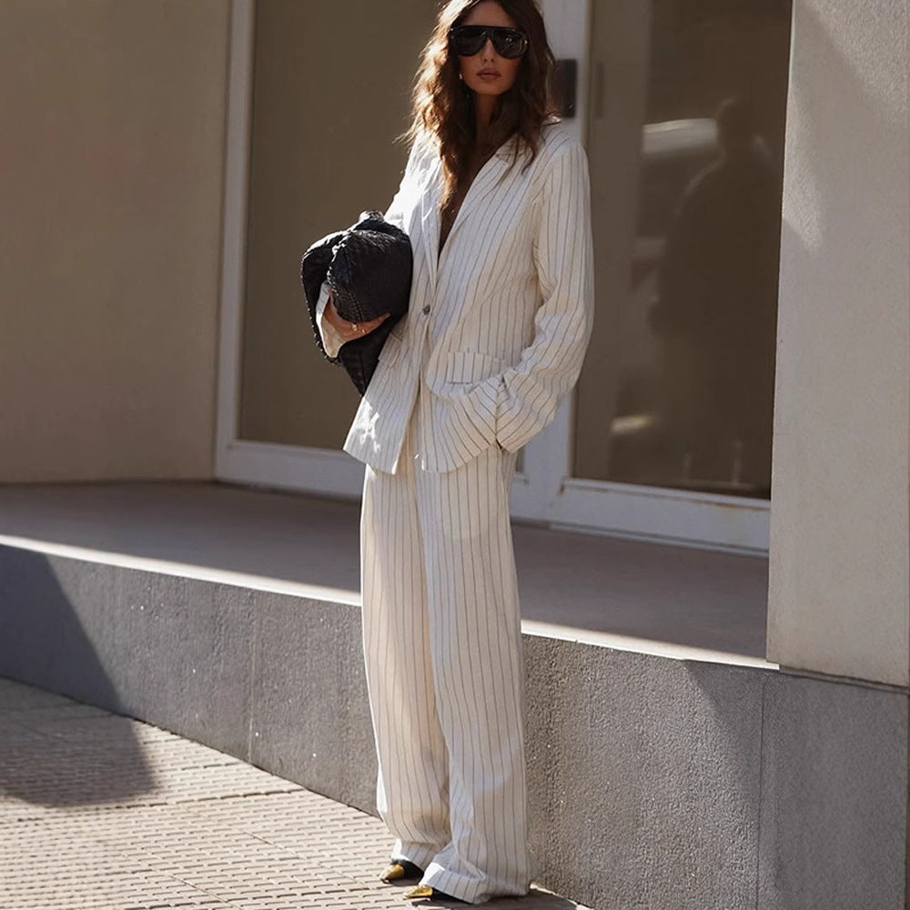 Women Two-Piece Pinstripe Suit Set with Oversized Blazer and Wide Pleated Trousers EVA-US