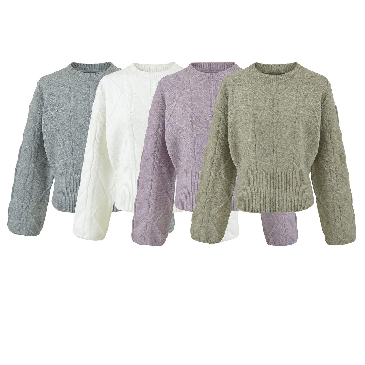 Women's Short Cable Knit Sweater with Fitted Ribbed Cuffs EVA-US