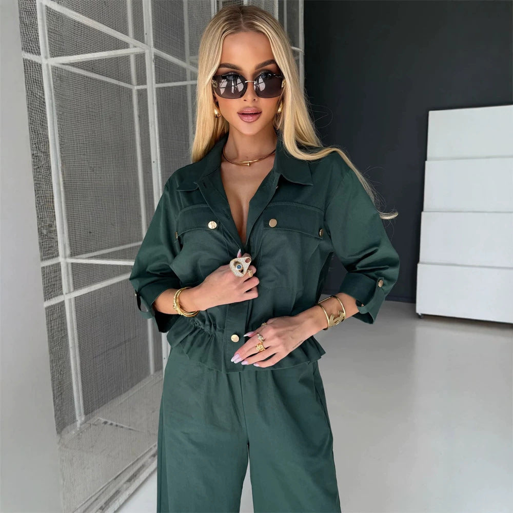 Women's Two-Piece Utility Shirt Jacket and High Waisted Pants Set with Drawstring and Gold Snap Buttons EVA-US