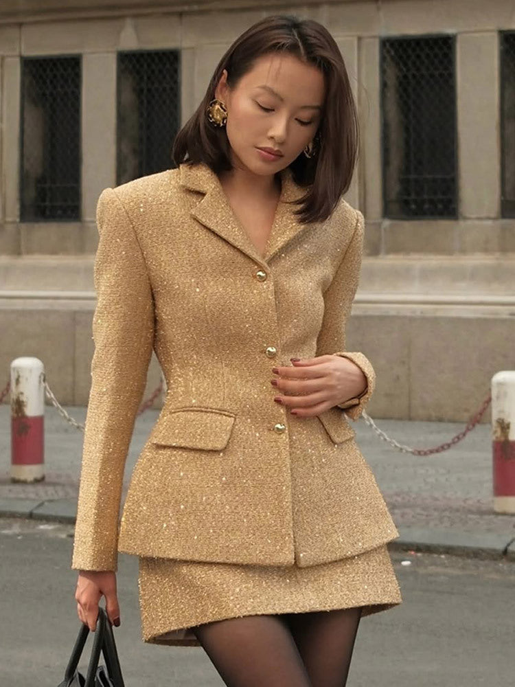 Women Two-Piece Boucle Tweed Blazer and Mini Skirt Set with Tailored Silhouette EVA-US