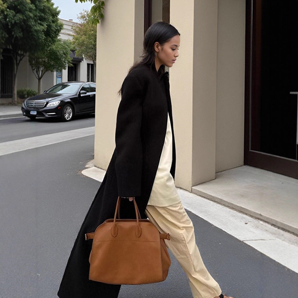 Women Sculptural Midi Coat with distinctive shoulder area and concealed button placket EVA-US