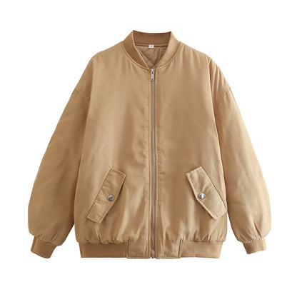 Women Boxy Bomber Jacket in Oversized Look with Zipper and Slanted Flap Pockets EVA-US