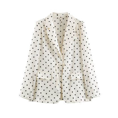 Ladies Light Polka Dot Blazer with Lapels, Drawstring Waist and Flap Pockets EVA-US