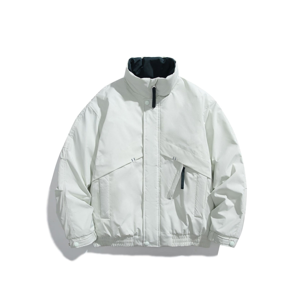 Unisex Short Cut Padded Boxy Bomber Jacket with High Stand-up Collar and Diagonal Flap Pockets EVA-US
