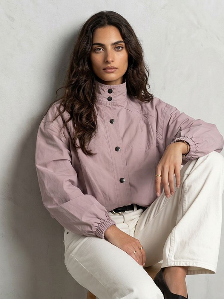 Ladies Short Boxy Bomber Jacket with Stand Collar and Snap Button Closure EVA-US