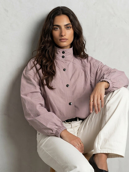 Ladies Short Boxy Bomber Jacket with Stand Collar and Snap Button Closure EVA-US