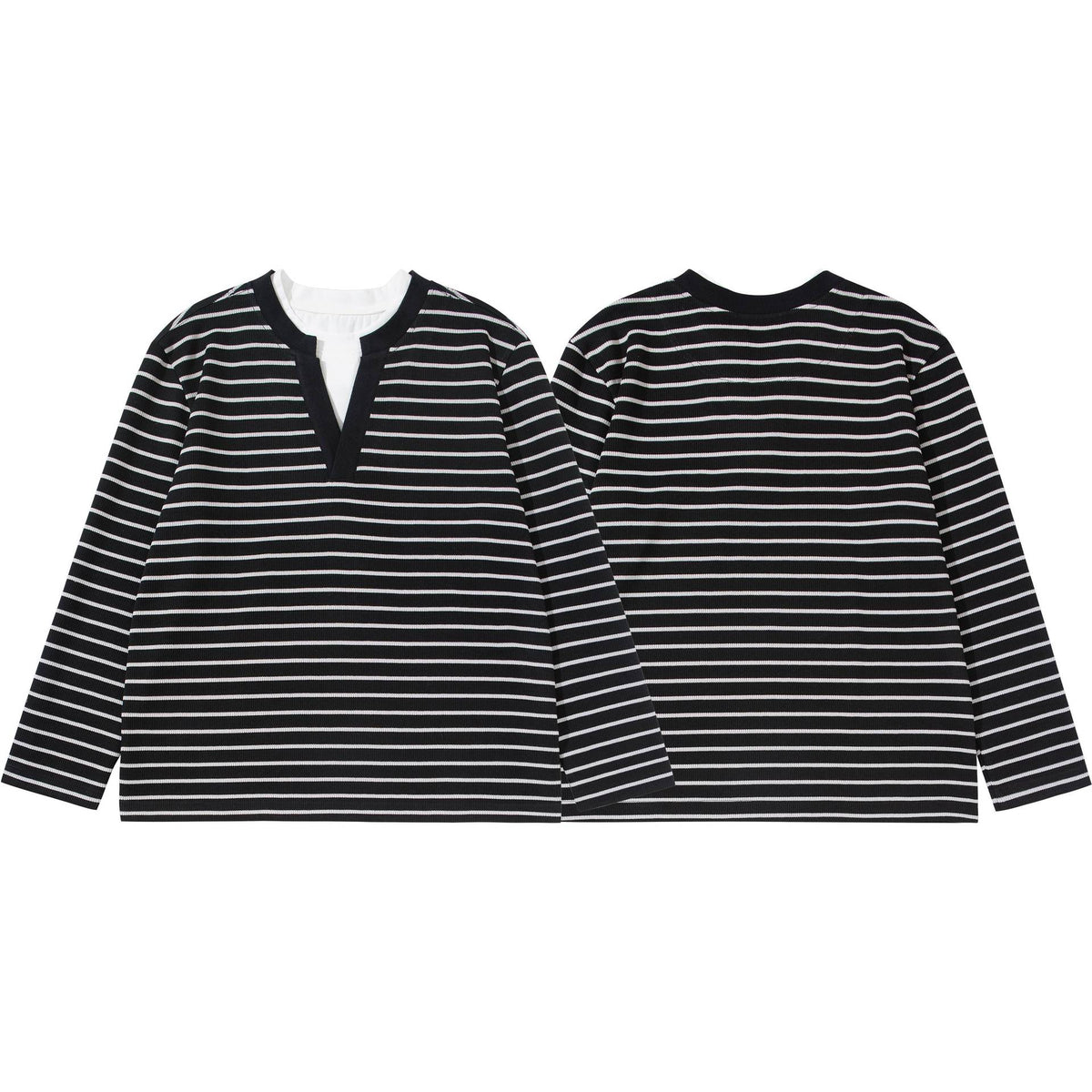 Women Striped Knit Shirt with V-Neck and Layered Look EVA-US