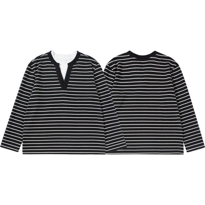 Women Striped Knit Shirt with V-Neck and Layered Look EVA-US