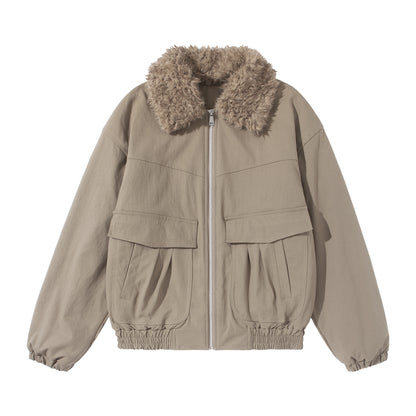 Women's short jacket with voluminous faux fur collar, kangaroo pockets, and elastic hem EVA-US