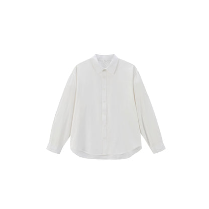 Women's Oversize Cotton Blouse with Kent Collar and Rounded Hem