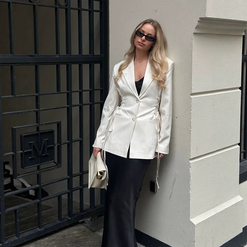 Women's tailored blazer with deep V-neck, zipper front and drawstring detail EVA-US