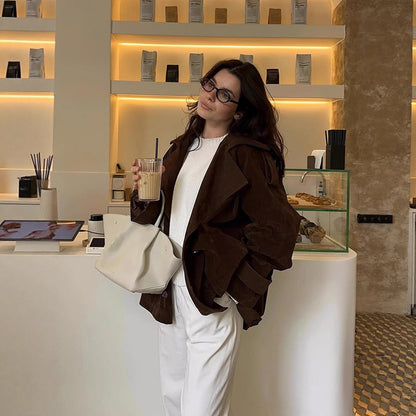 Women's short trench coat in suede look with wide lapels and boxy silhouette EVA-US