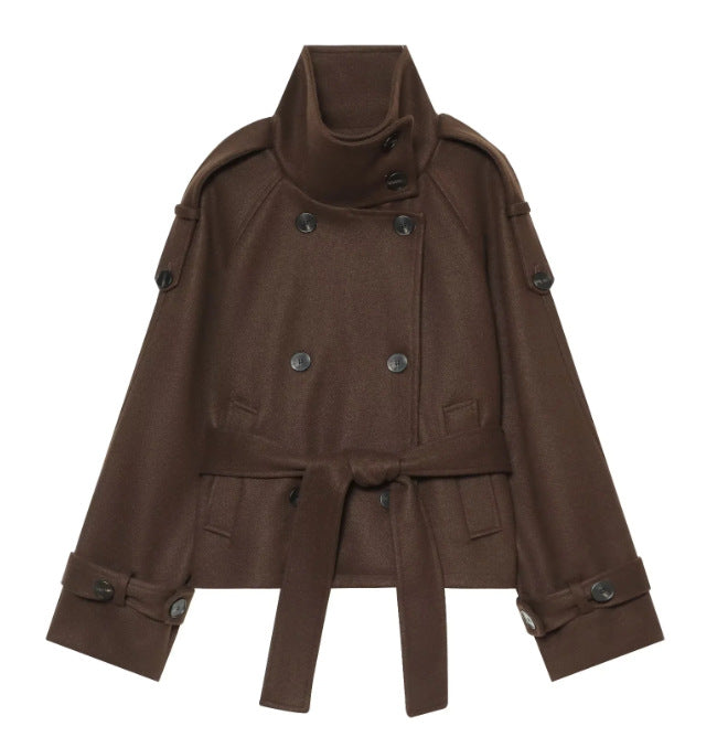 Women short double-breasted cape coat made of wool with stand-up collar shoulder epaulettes and tie belt EVA-US