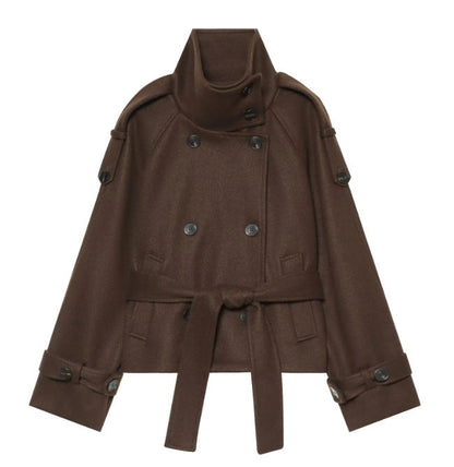 Women short double-breasted cape coat made of wool with stand-up collar shoulder epaulettes and tie belt EVA-US