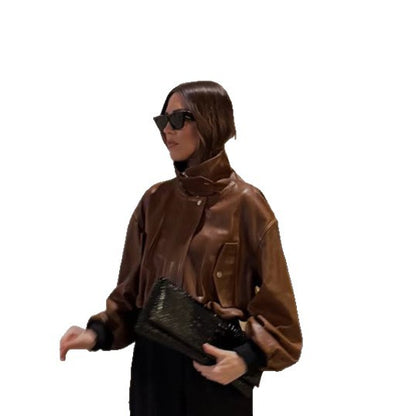 Women's short-cut leather blouse jacket with high stand-up collar and balloon sleeves EVA-US