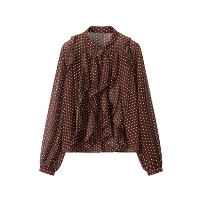 Women's semi-transparent chiffon blouse with dots, ruffle details and bow collar EVA-US