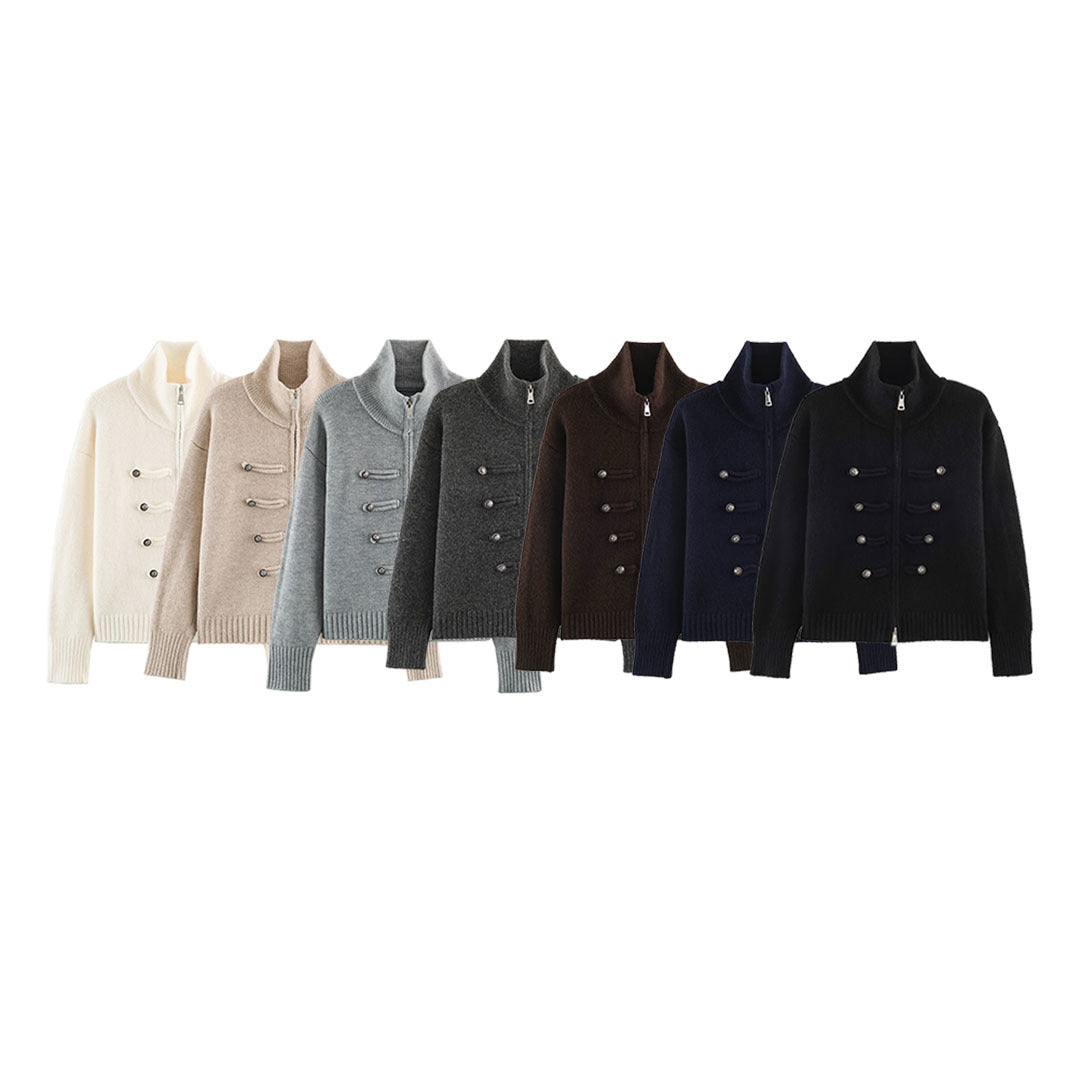 Women's cardigan with zipper, high stand-up collar, and decorative button plackets EVA-US