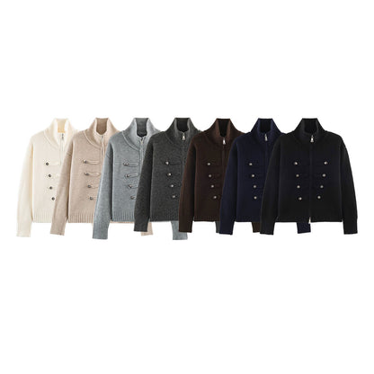 Women's cardigan with zipper, high stand-up collar, and decorative button plackets EVA-US