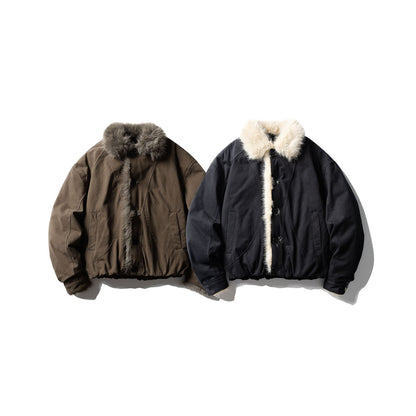 Unisex Short-cut Boxy Bomber Jacket with Faux Fur Trim and Button Placket EVA-US