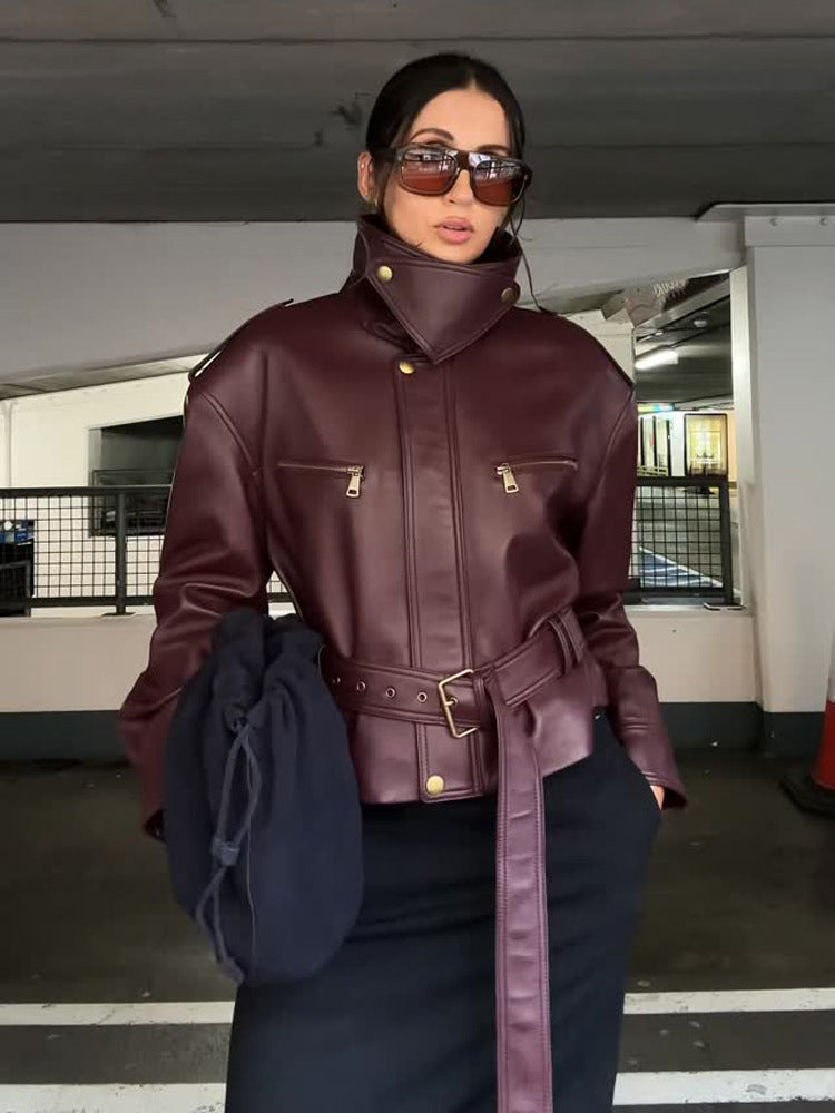 Women's tailored faux leather bomber jacket with high stand-up collar and tie belt EVA-US
