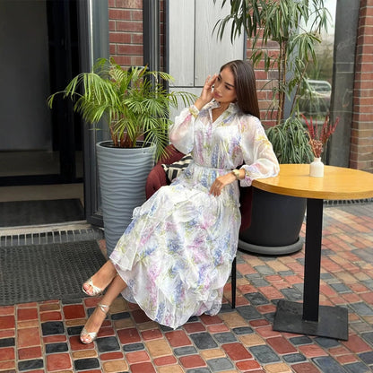 Women's Long Chiffon Tiered Maxi Dress with Ruffles & Delicate Flower Print EVA-US