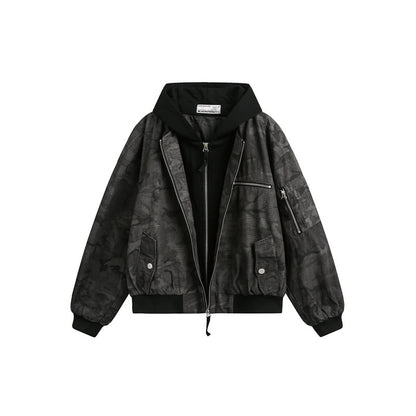 Men's short-cut oversized bomber in layer look with integrated hood and camouflage jacquard fabric