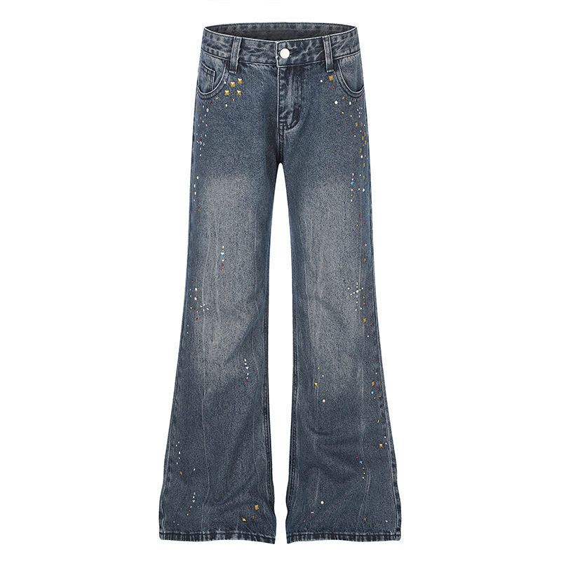 Women High-Waist Flared Jeans with Pearl and Stud Decoration EVA-US
