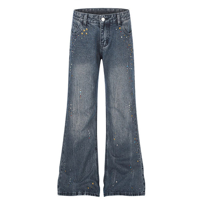 Women High-Waist Flared Jeans with Pearl and Stud Decoration EVA-US