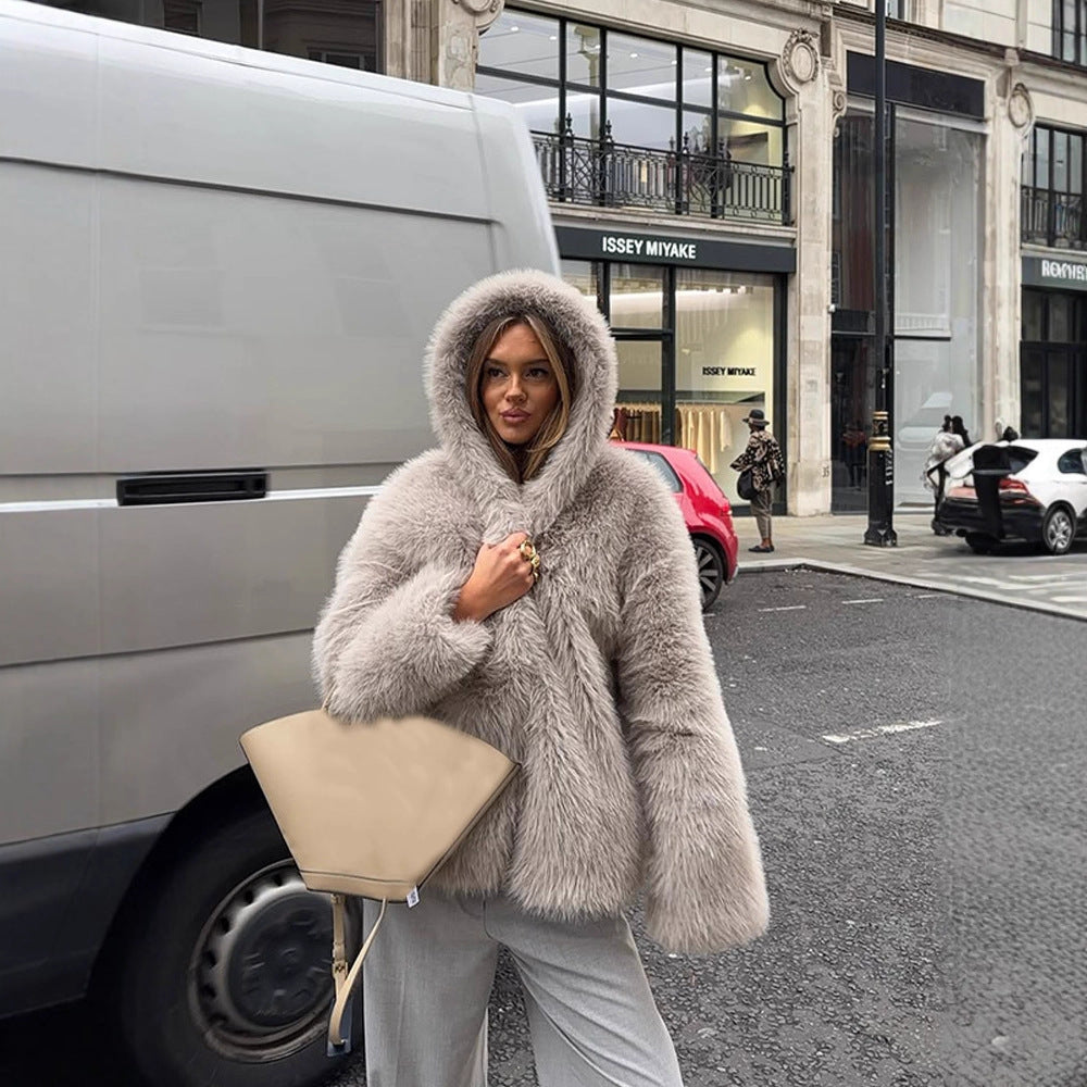 Women's Cozy Short Faux Fur Jacket with Extra Voluminous Hood EVA-US