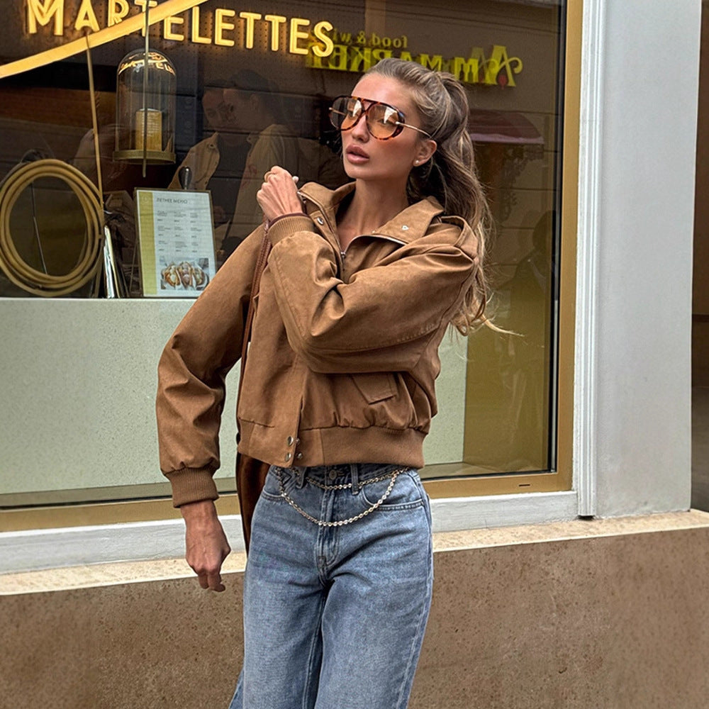 Women's short-cut bomber jacket made of faux suede with ribbed cuffs EVA-US