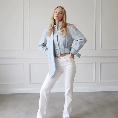 Women Tailored Cropped Jacket with Extra Long Tie & Wide Waist Belt EVA-US