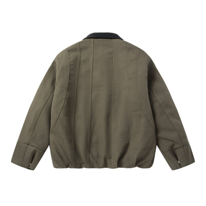 Men's Short Boxy Workwear Blouson with Leather Collar and Vertical Quilting EVA-US